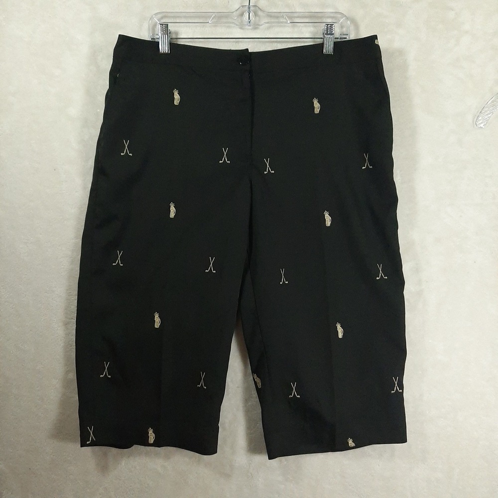 Coral Bay Golf Womens Black Bermuda Shorts Embroidered Golf Clubs Bags Size 14